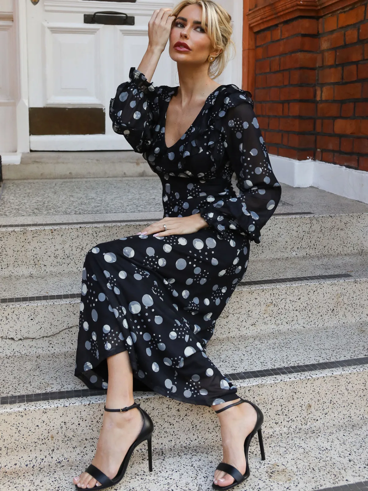 Jolie Moi Occasion Dresses|Mesh Dresses-Ruffle V Neck Long Sleeve Mesh Midaxi Dress, Black Polka Dots