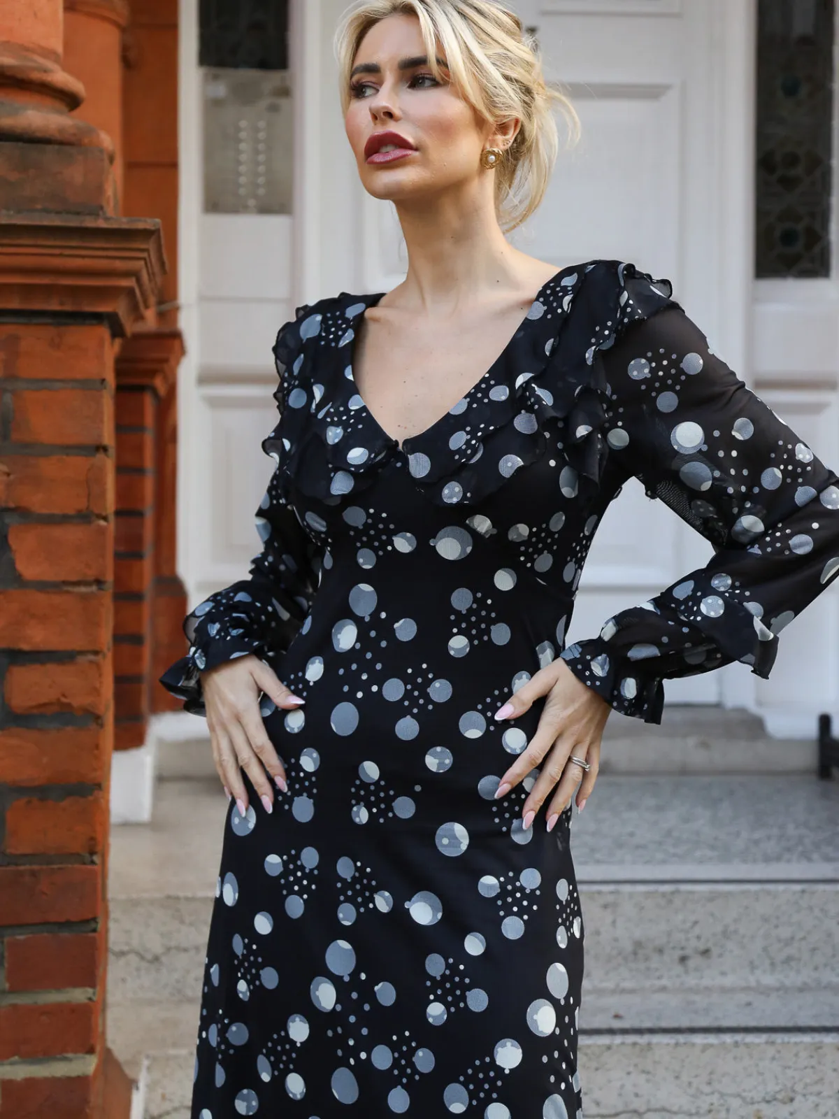 Jolie Moi Occasion Dresses|Mesh Dresses-Ruffle V Neck Long Sleeve Mesh Midaxi Dress, Black Polka Dots