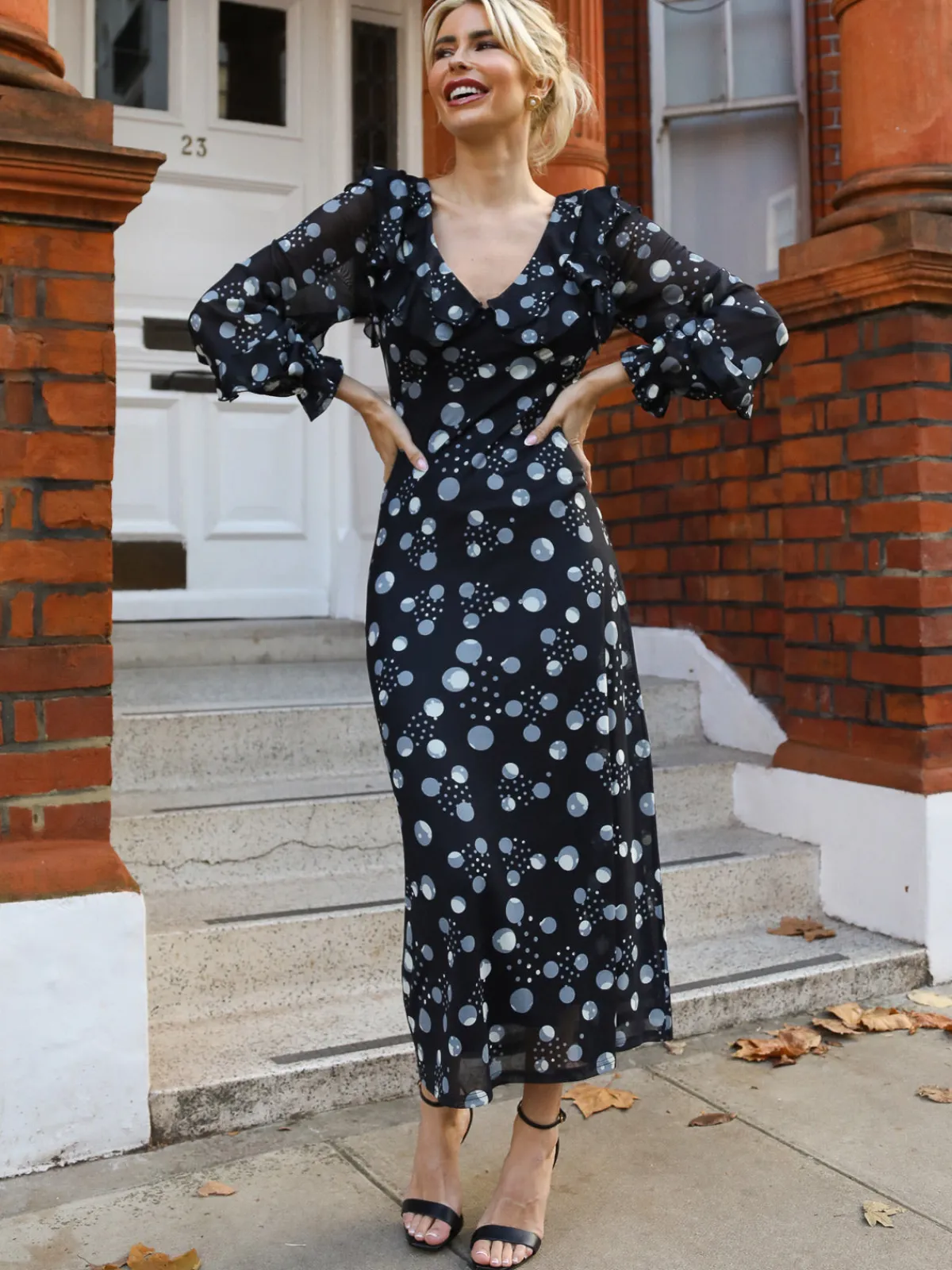 Jolie Moi Occasion Dresses|Mesh Dresses-Ruffle V Neck Long Sleeve Mesh Midaxi Dress, Black Polka Dots