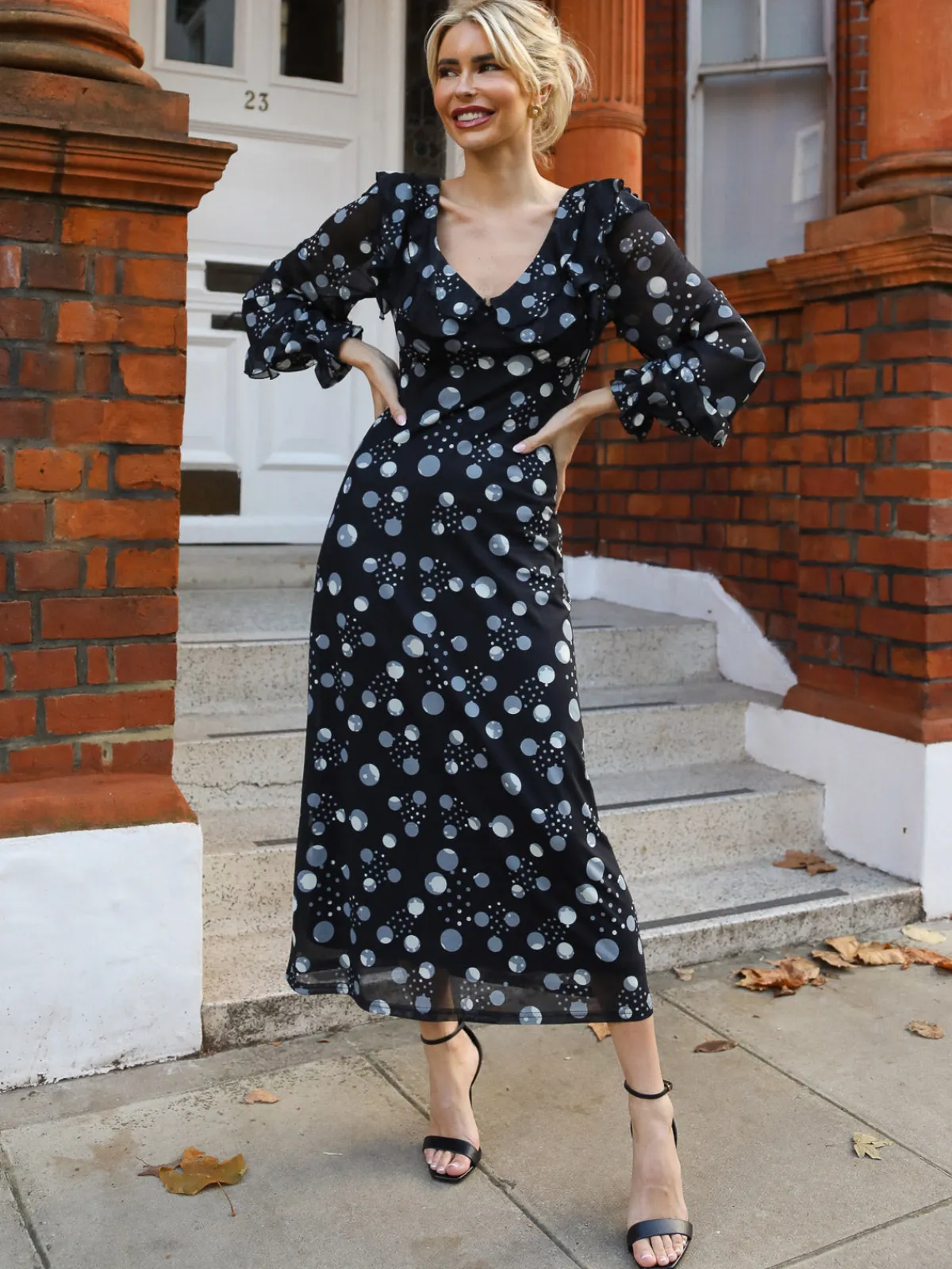 Jolie Moi Occasion Dresses|Mesh Dresses-Ruffle V Neck Long Sleeve Mesh Midaxi Dress, Black Polka Dots