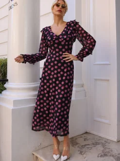 Jolie Moi Occasion Dresses|Mesh Dresses-Ruffle V Neck Long Sleeve Mesh Midaxi Dress, Fuchsia Polka Dot