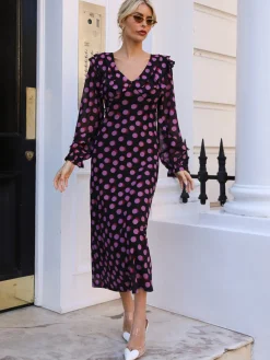 Jolie Moi Occasion Dresses|Mesh Dresses-Ruffle V Neck Long Sleeve Mesh Midaxi Dress, Fuchsia Polka Dot