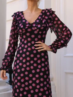 Jolie Moi Occasion Dresses|Mesh Dresses-Ruffle V Neck Long Sleeve Mesh Midaxi Dress, Fuchsia Polka Dot