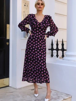 Jolie Moi Occasion Dresses|Mesh Dresses-Ruffle V Neck Long Sleeve Mesh Midaxi Dress, Fuchsia Polka Dot