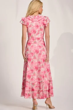 Jolie Moi Mesh Dresses|Maxi Dresses-Ruffle V-Neck Mesh Maxi Dress, Pink Floral
