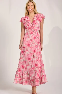 Jolie Moi Mesh Dresses|Maxi Dresses-Ruffle V-Neck Mesh Maxi Dress, Pink Floral