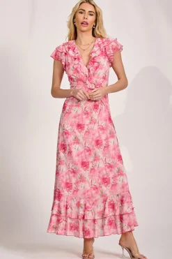 Jolie Moi Mesh Dresses|Maxi Dresses-Ruffle V-Neck Mesh Maxi Dress, Pink Floral