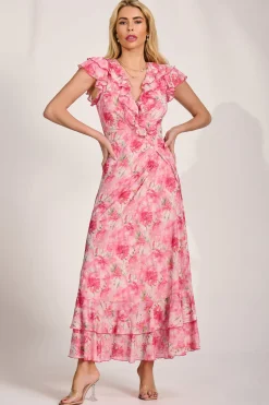 Jolie Moi Mesh Dresses|Maxi Dresses-Ruffle V-Neck Mesh Maxi Dress, Pink Floral