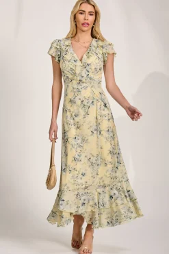 Jolie Moi Mesh Dresses|Weekend Casuals-Ruffle V-Neck Mesh Maxi Dress, Yellow Floral