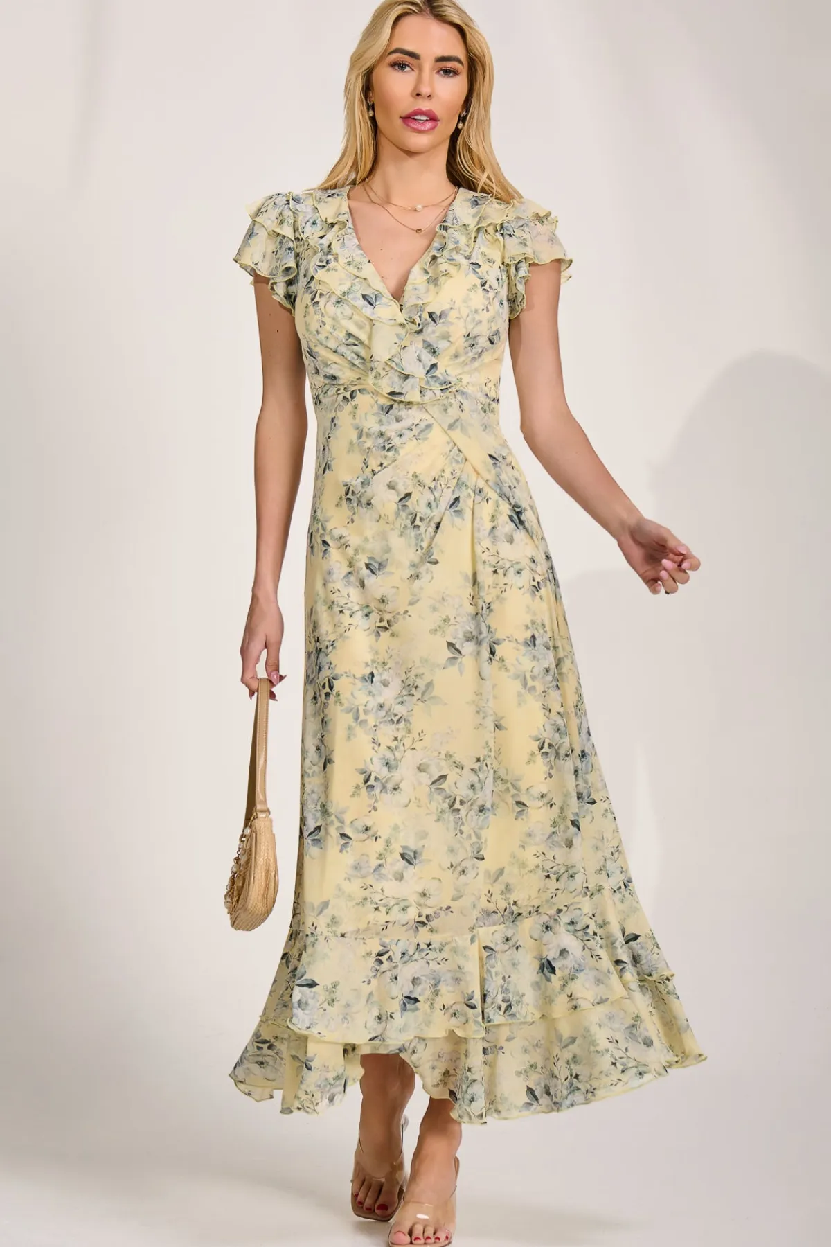 Jolie Moi Mesh Dresses|Weekend Casuals-Ruffle V-Neck Mesh Maxi Dress, Yellow Floral