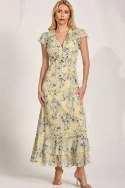 Jolie Moi Mesh Dresses|Weekend Casuals-Ruffle V-Neck Mesh Maxi Dress, Yellow Floral