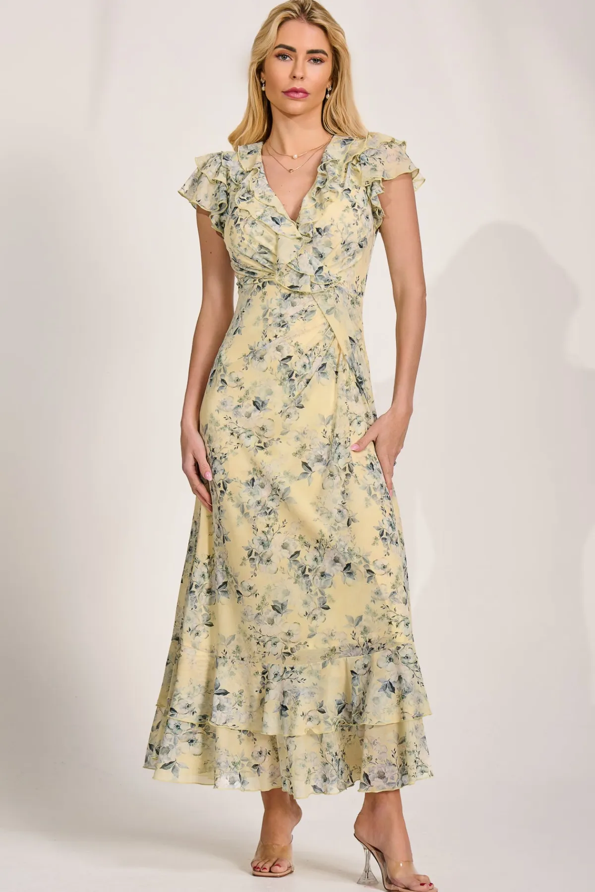 Jolie Moi Mesh Dresses|Weekend Casuals-Ruffle V-Neck Mesh Maxi Dress, Yellow Floral