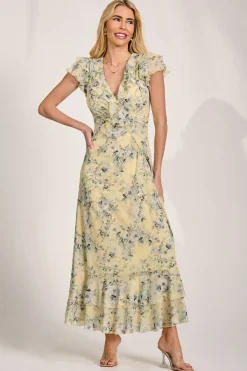 Jolie Moi Mesh Dresses|Weekend Casuals-Ruffle V-Neck Mesh Maxi Dress, Yellow Floral