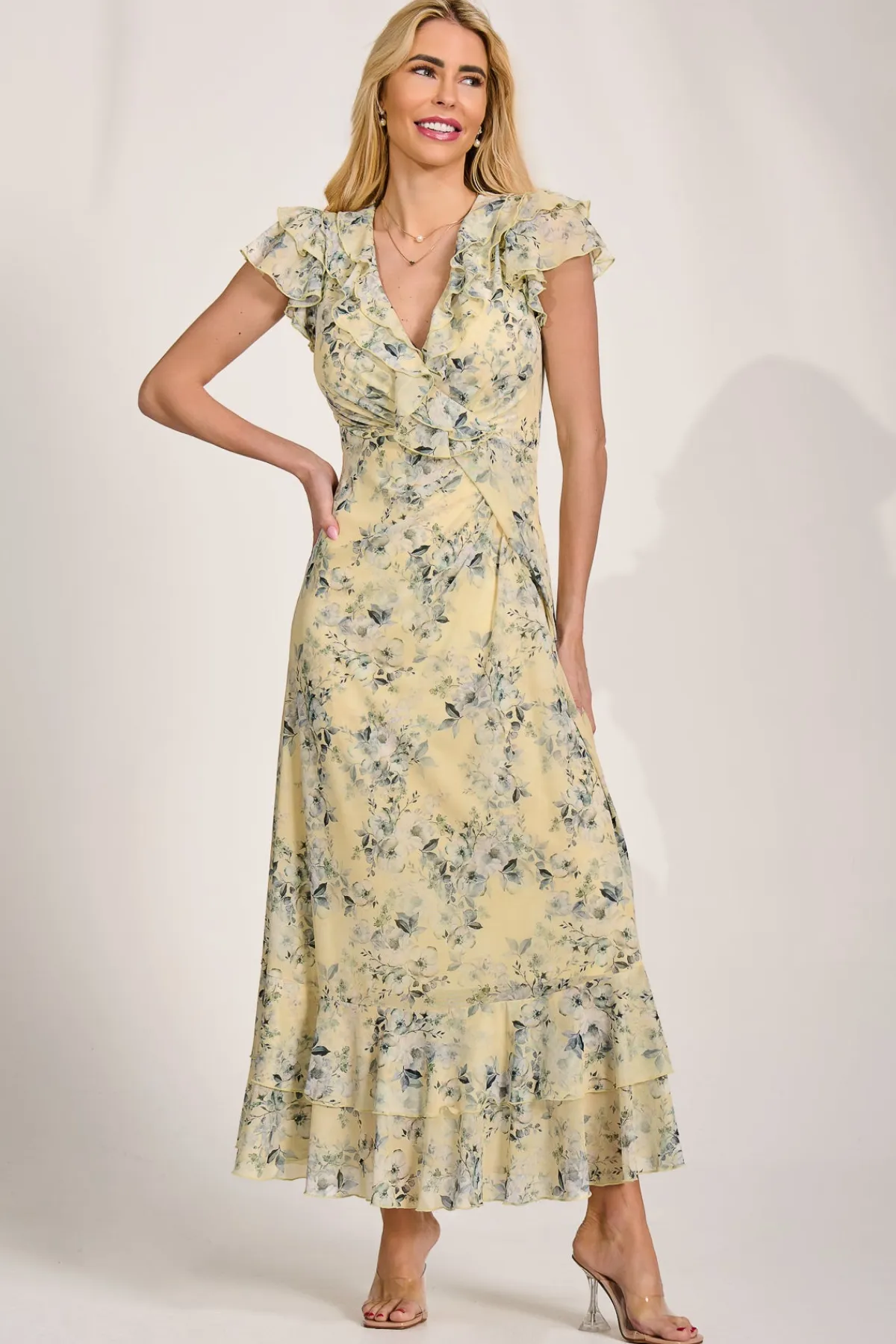 Jolie Moi Mesh Dresses|Weekend Casuals-Ruffle V-Neck Mesh Maxi Dress, Yellow Floral