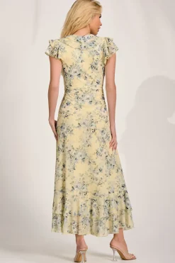 Jolie Moi Mesh Dresses|Weekend Casuals-Ruffle V-Neck Mesh Maxi Dress, Yellow Floral