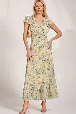 Jolie Moi Mesh Dresses|Weekend Casuals-Ruffle V-Neck Mesh Maxi Dress, Yellow Floral