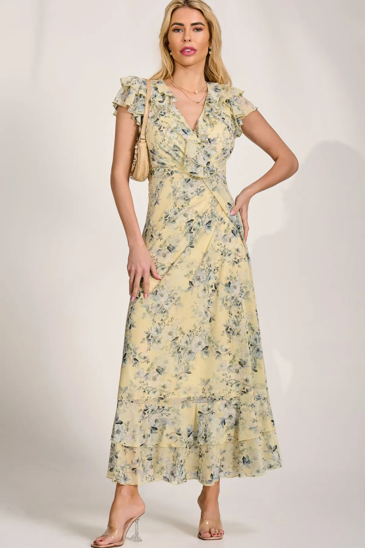 Jolie Moi Mesh Dresses|Weekend Casuals-Ruffle V-Neck Mesh Maxi Dress, Yellow Floral