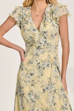 Jolie Moi Mesh Dresses|Weekend Casuals-Ruffle V-Neck Mesh Maxi Dress, Yellow Floral