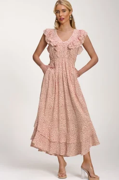 Jolie Moi Midi Dresses-Ruffle V-Neck Viscose Midi Dress, Beige Ditsy