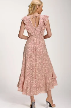Jolie Moi Midi Dresses-Ruffle V-Neck Viscose Midi Dress, Beige Ditsy
