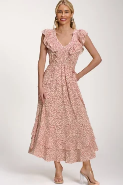 Jolie Moi Midi Dresses-Ruffle V-Neck Viscose Midi Dress, Beige Ditsy
