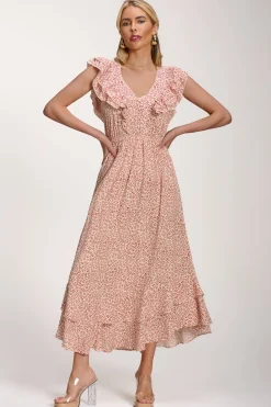 Jolie Moi Midi Dresses-Ruffle V-Neck Viscose Midi Dress, Beige Ditsy