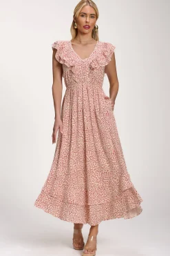 Jolie Moi Midi Dresses-Ruffle V-Neck Viscose Midi Dress, Beige Ditsy