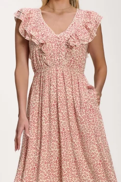 Jolie Moi Midi Dresses-Ruffle V-Neck Viscose Midi Dress, Beige Ditsy