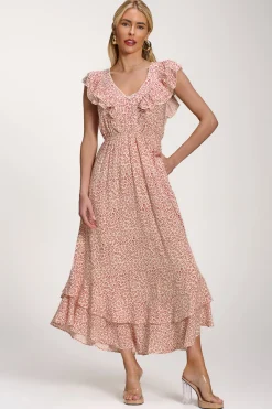Jolie Moi Midi Dresses-Ruffle V-Neck Viscose Midi Dress, Beige Ditsy