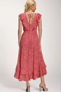 Jolie Moi Midi Dresses-Ruffle V-Neck Viscose Midi Dress, Red Ditsy