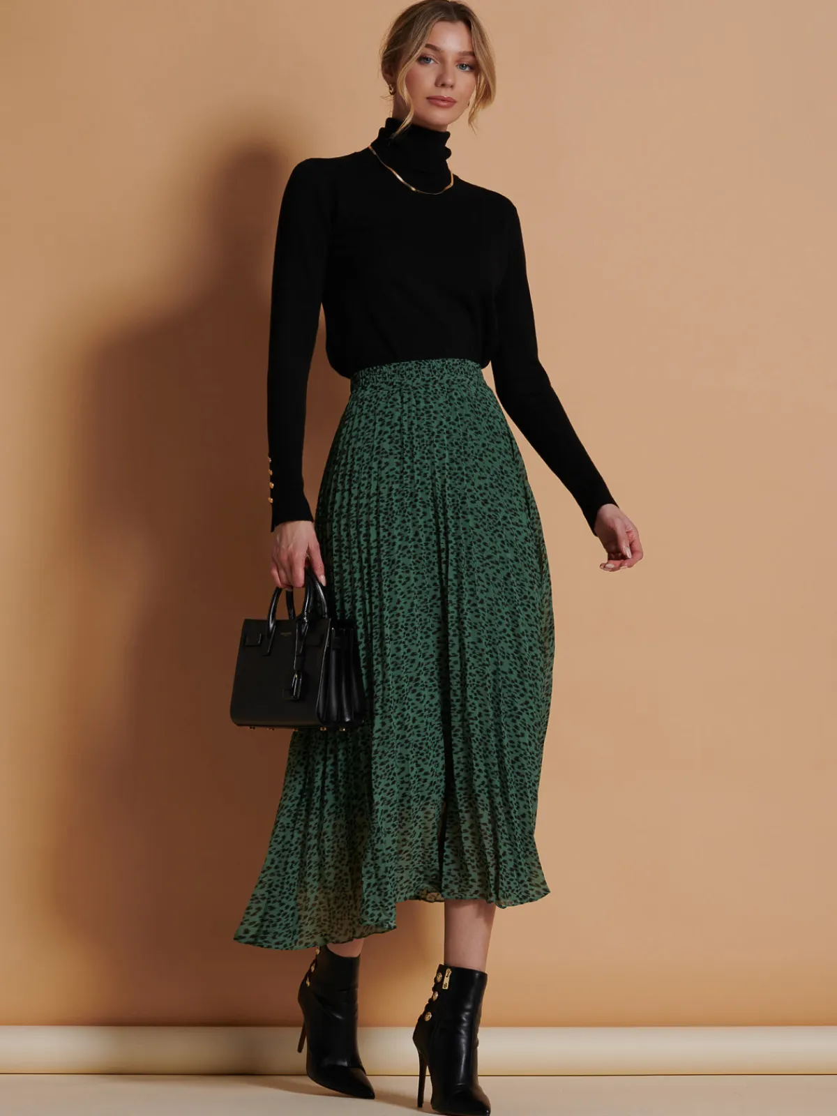 Jolie Moi Skirts|Weekend Casuals-Saige Chiffon Pleated Maxi Skirt, Green Animal