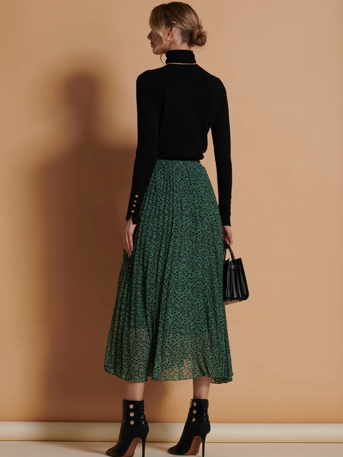 Jolie Moi Skirts|Weekend Casuals-Saige Chiffon Pleated Maxi Skirt, Green Animal