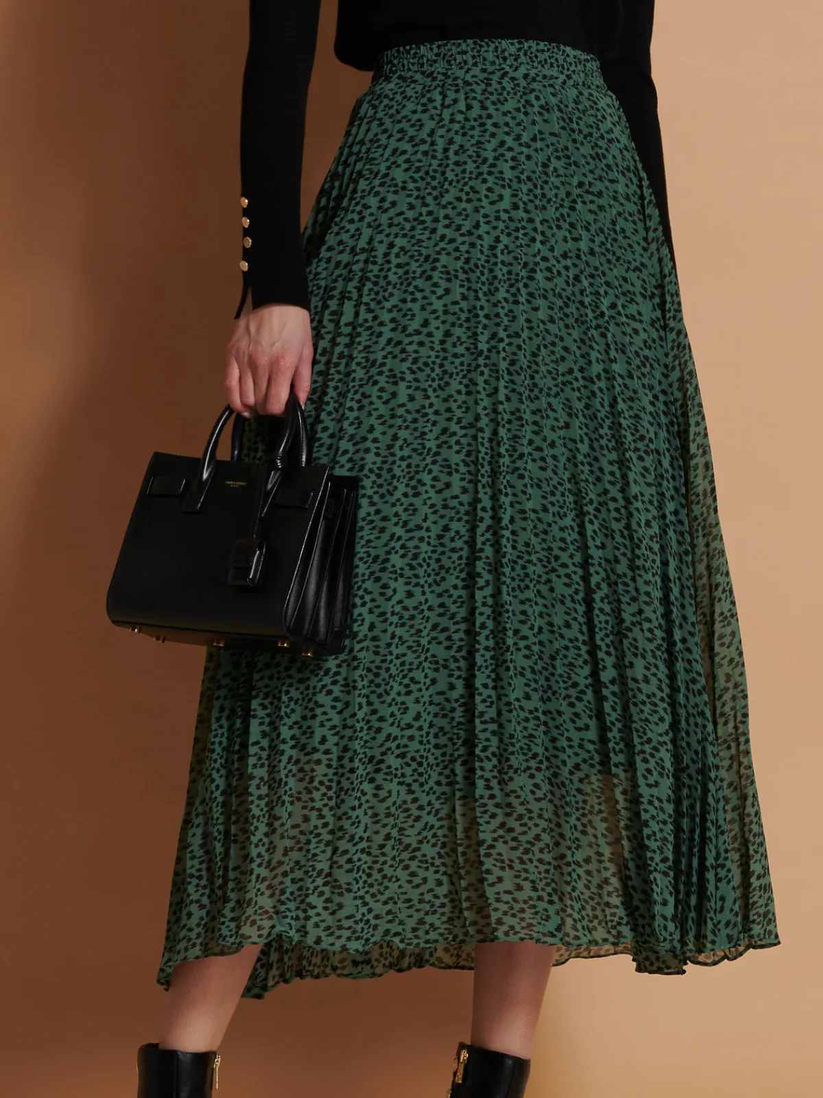 Jolie Moi Skirts|Weekend Casuals-Saige Chiffon Pleated Maxi Skirt, Green Animal