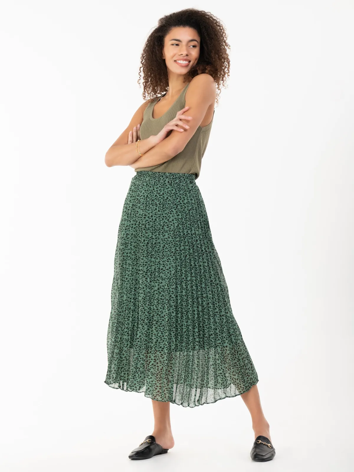 Jolie Moi Skirts|Weekend Casuals-Saige Chiffon Pleated Maxi Skirt, Green Animal