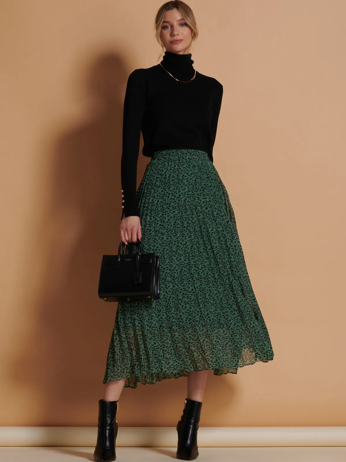 Jolie Moi Skirts|Weekend Casuals-Saige Chiffon Pleated Maxi Skirt, Green Animal