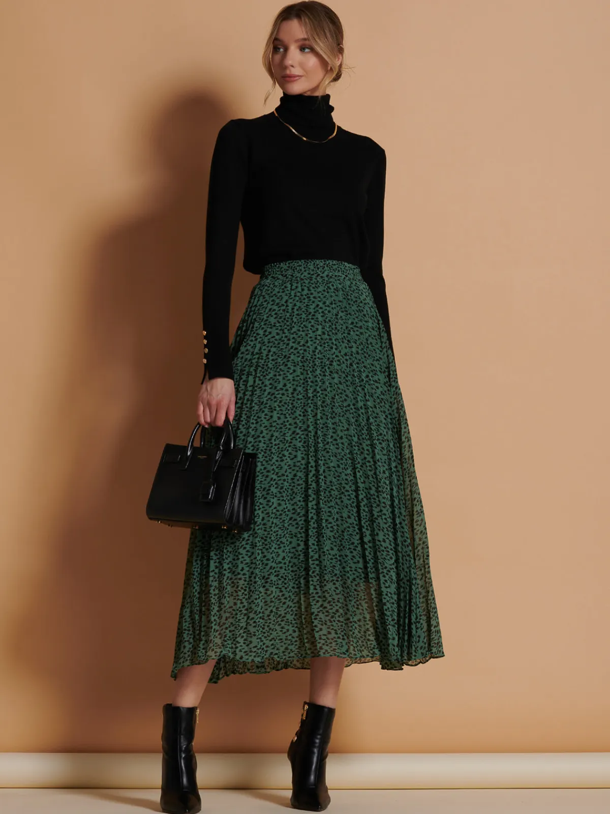 Jolie Moi Skirts|Weekend Casuals-Saige Chiffon Pleated Maxi Skirt, Green Animal