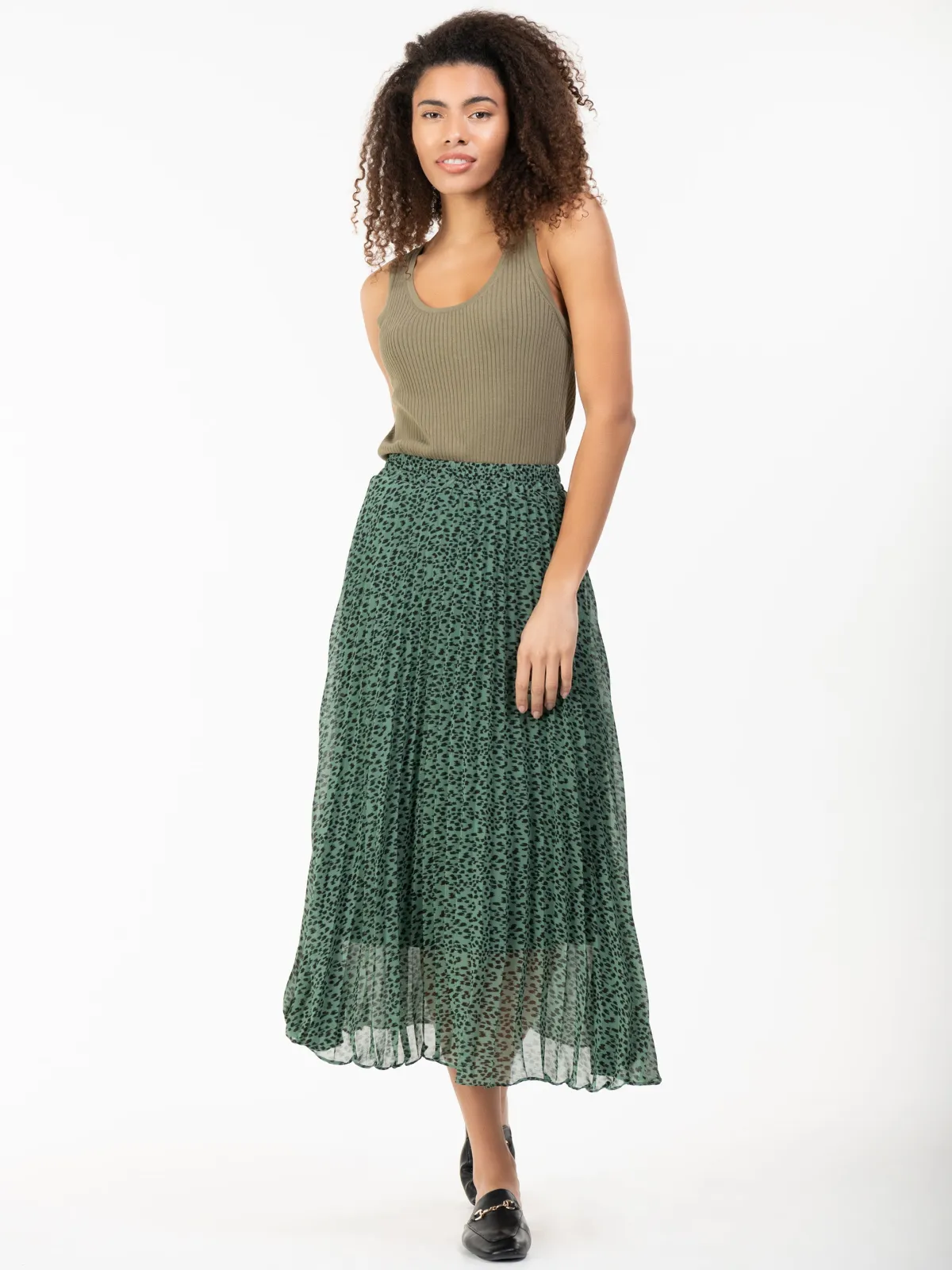 Jolie Moi Skirts|Weekend Casuals-Saige Chiffon Pleated Maxi Skirt, Green Animal