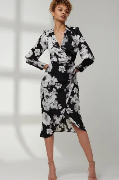 Jolie Moi Occasion Dresses|Floral Dresses-Satin Floral Shirt Dress, Black Floral