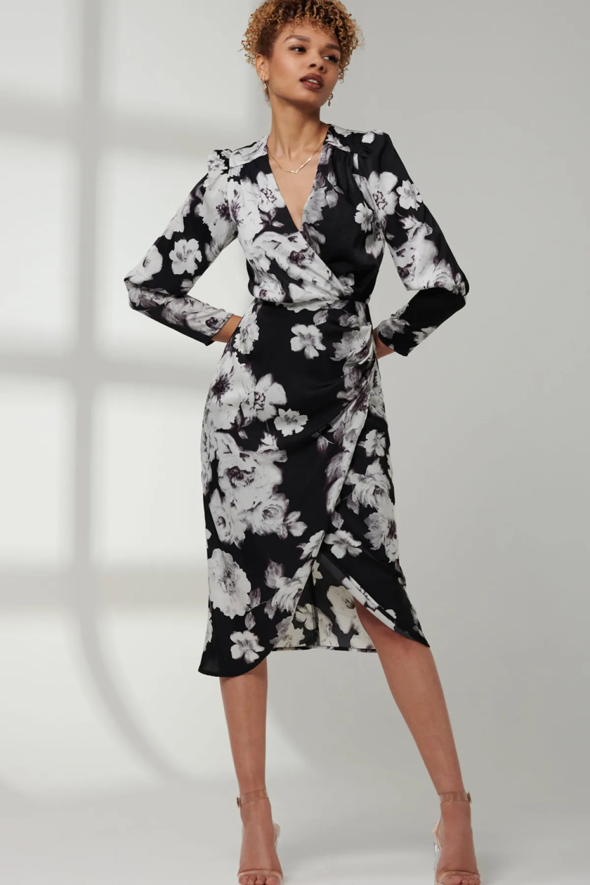 Jolie Moi Occasion Dresses|Floral Dresses-Satin Floral Shirt Dress, Black Floral