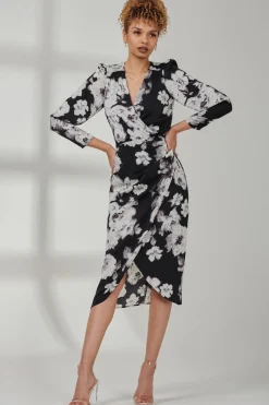 Jolie Moi Occasion Dresses|Floral Dresses-Satin Floral Shirt Dress, Black Floral