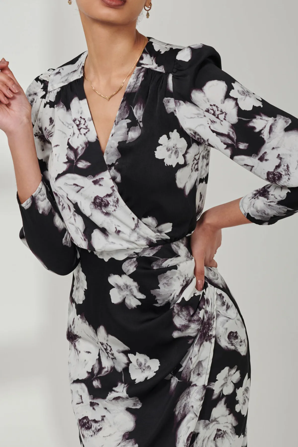 Jolie Moi Occasion Dresses|Floral Dresses-Satin Floral Shirt Dress, Black Floral