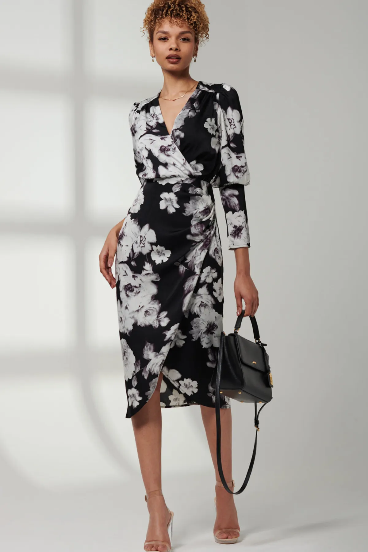 Jolie Moi Occasion Dresses|Floral Dresses-Satin Floral Shirt Dress, Black Floral