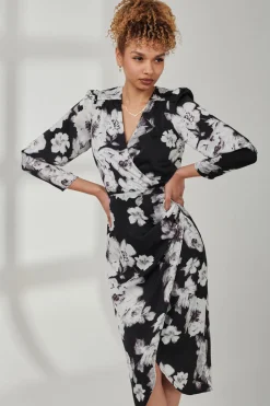 Jolie Moi Occasion Dresses|Floral Dresses-Satin Floral Shirt Dress, Black Floral