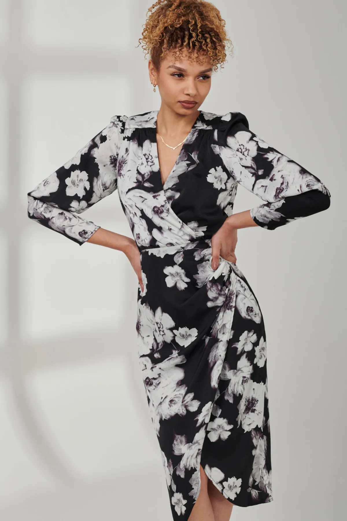Jolie Moi Occasion Dresses|Floral Dresses-Satin Floral Shirt Dress, Black Floral