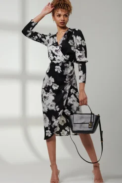 Jolie Moi Occasion Dresses|Floral Dresses-Satin Floral Shirt Dress, Black Floral