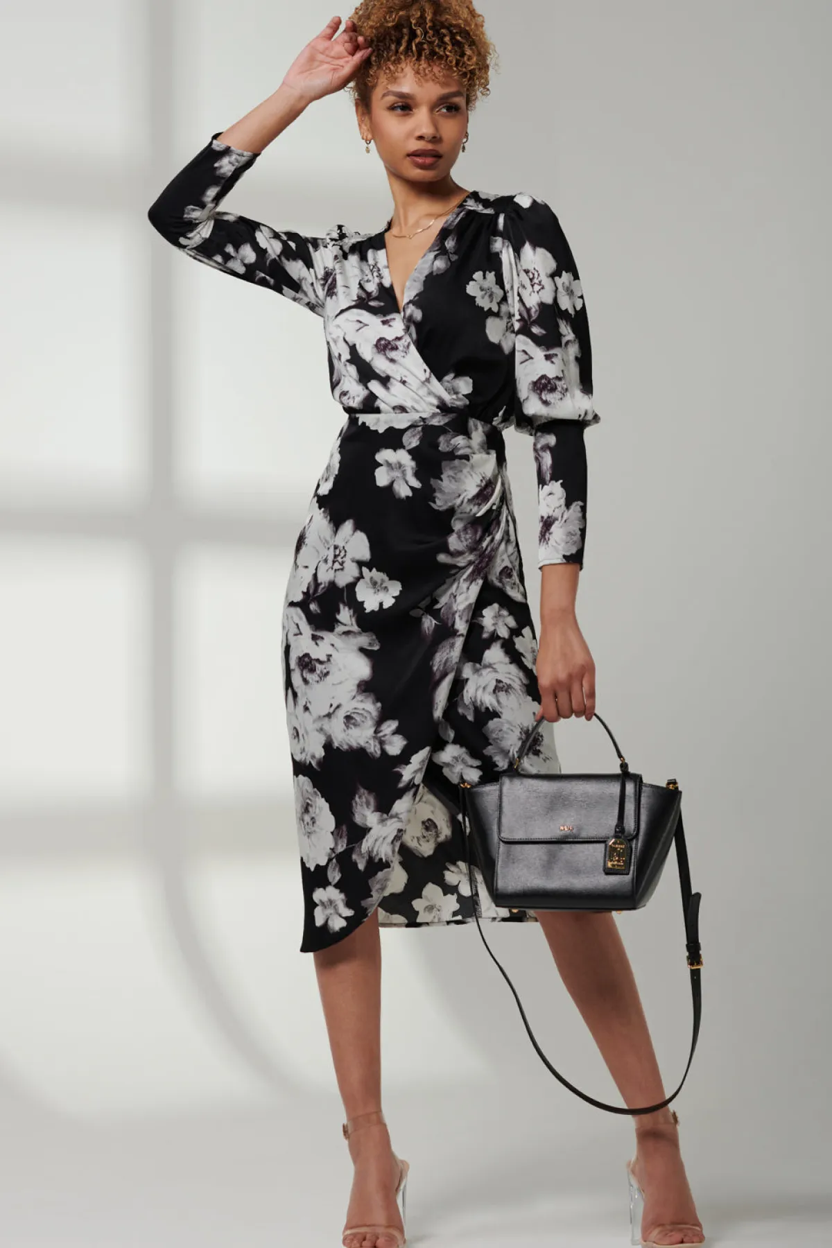 Jolie Moi Occasion Dresses|Floral Dresses-Satin Floral Shirt Dress, Black Floral