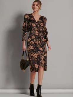 Jolie Moi Occasion Dresses|Floral Dresses-Satin Floral Shirt Dress, Brown Floral