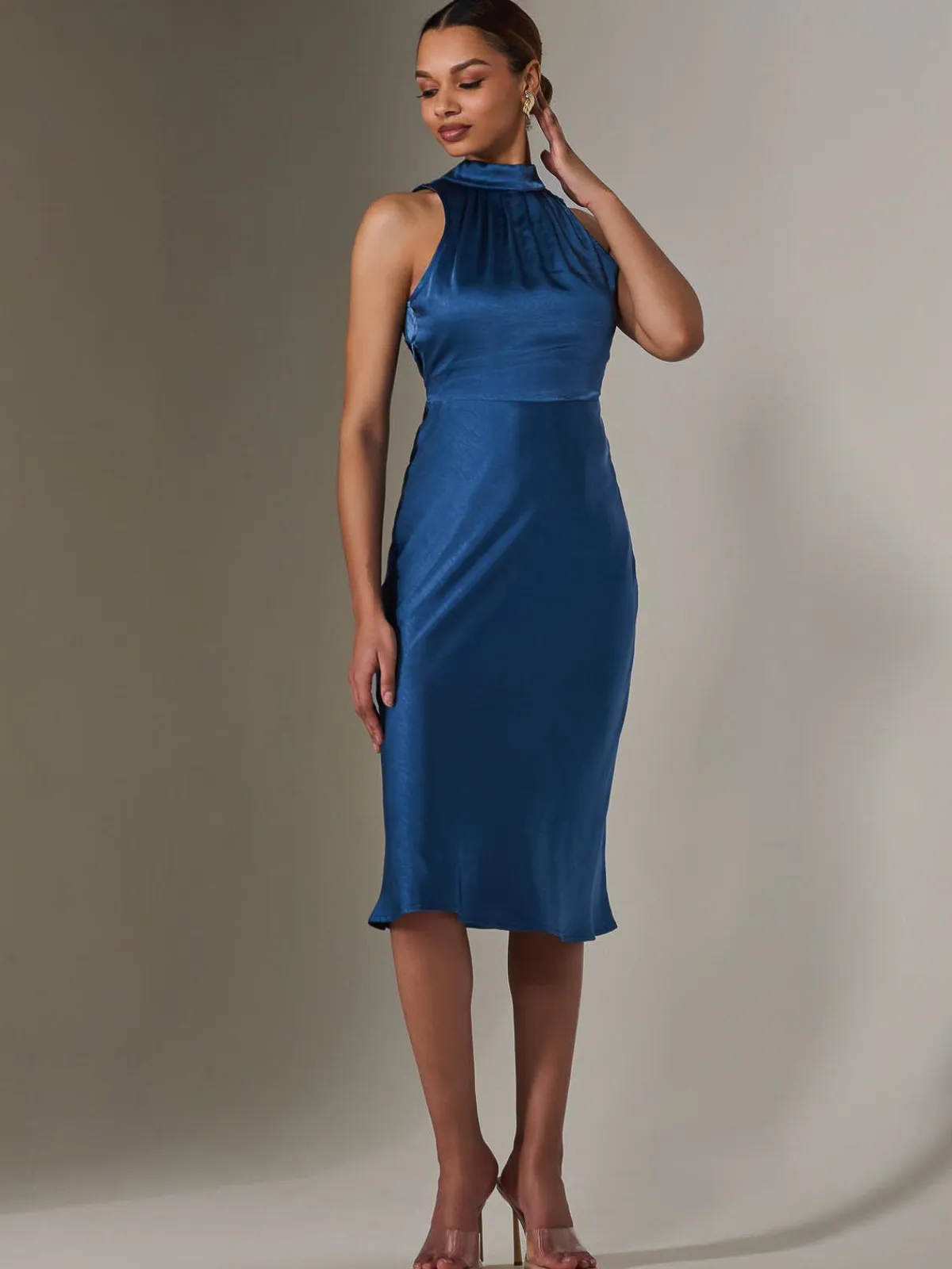Jolie Moi Occasion Dresses|Mother Of The Bride-Satin Halter Neck Midi Dress, Navy