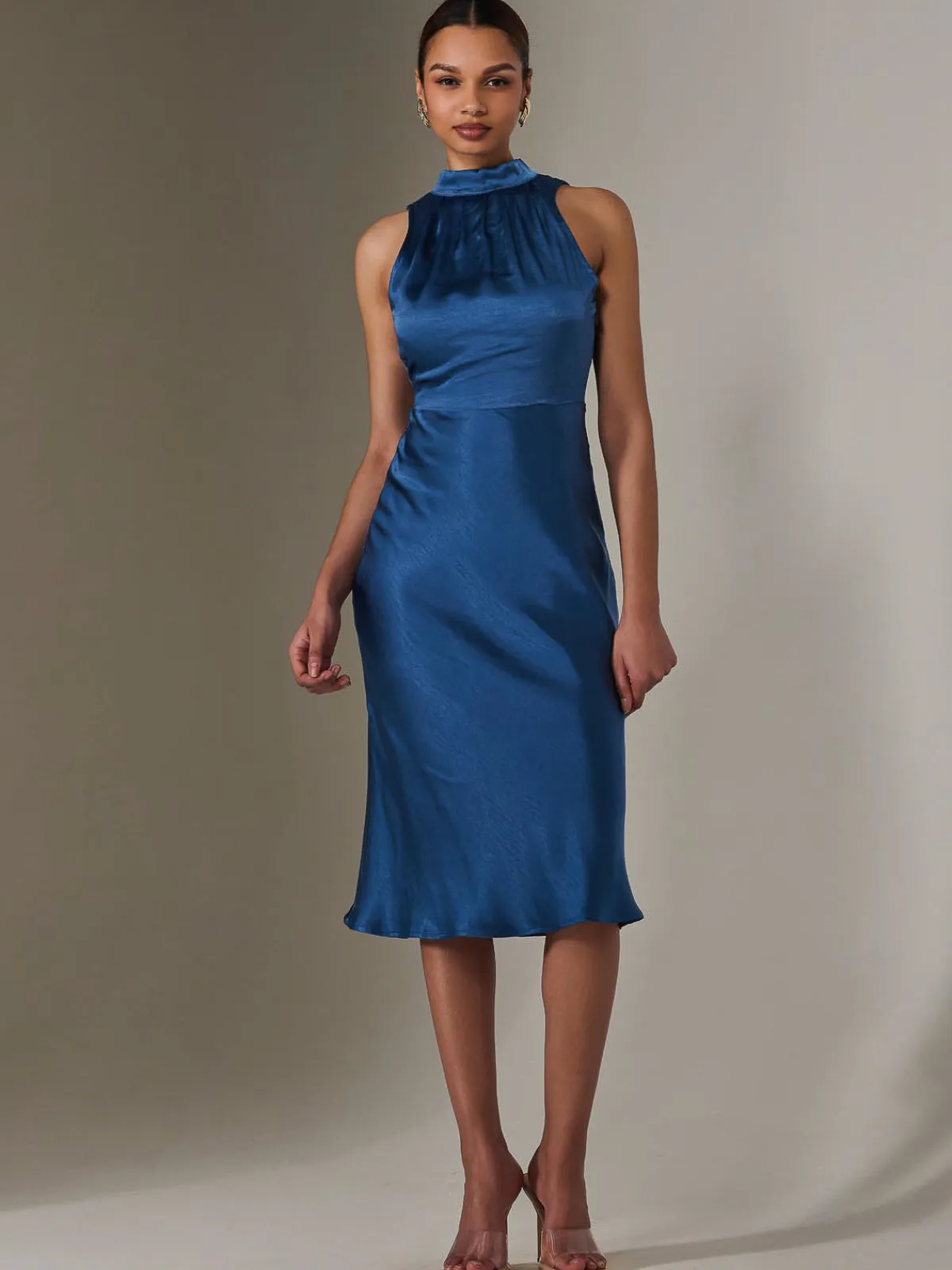 Jolie Moi Occasion Dresses|Mother Of The Bride-Satin Halter Neck Midi Dress, Navy