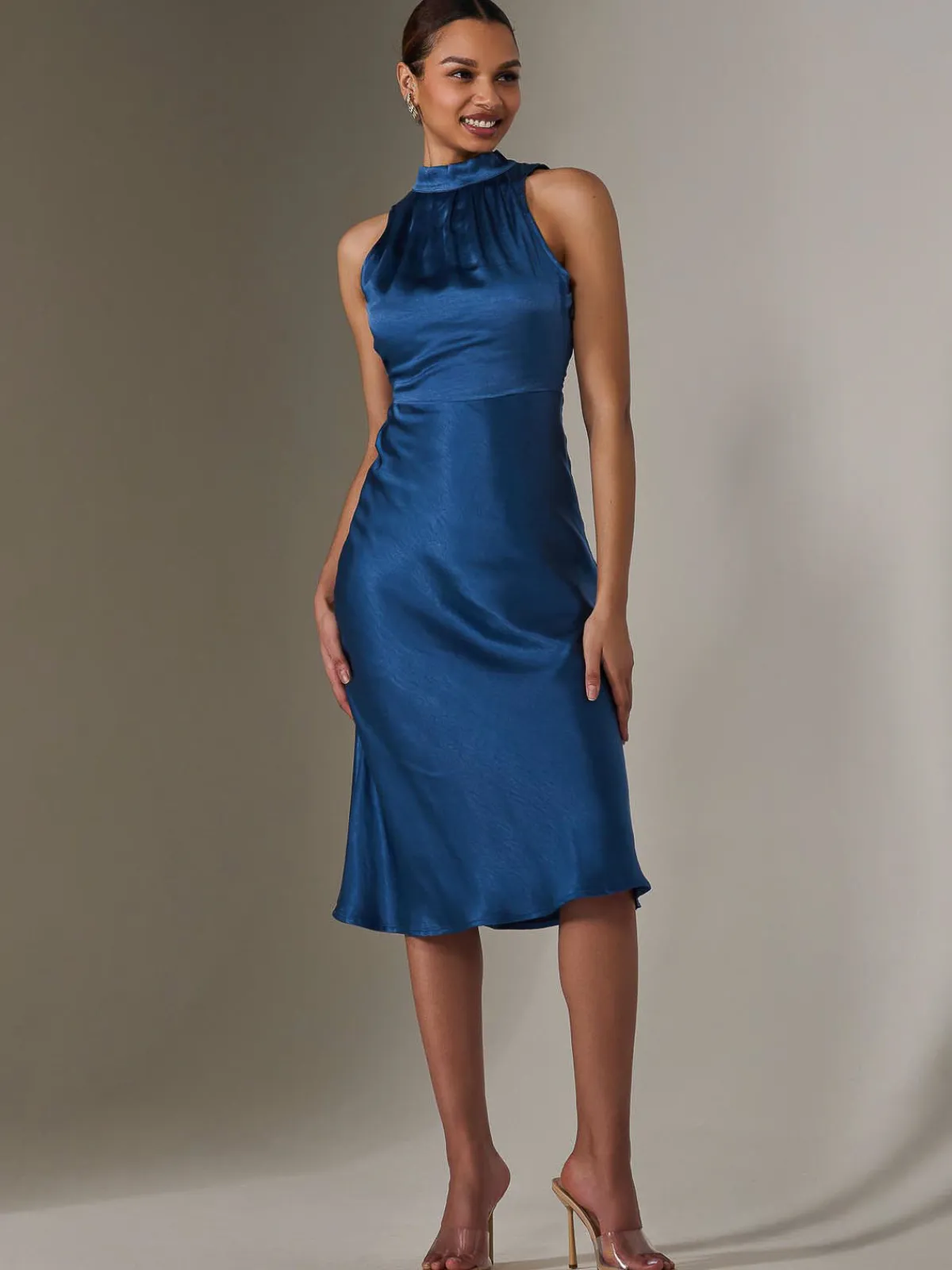 Jolie Moi Occasion Dresses|Mother Of The Bride-Satin Halter Neck Midi Dress, Navy